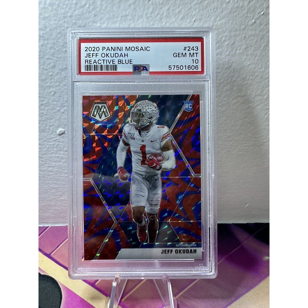 2020 Panini Mosaic Jeff Okudah ROOKIE CARD Reactive Blue #243 RC PSA 10